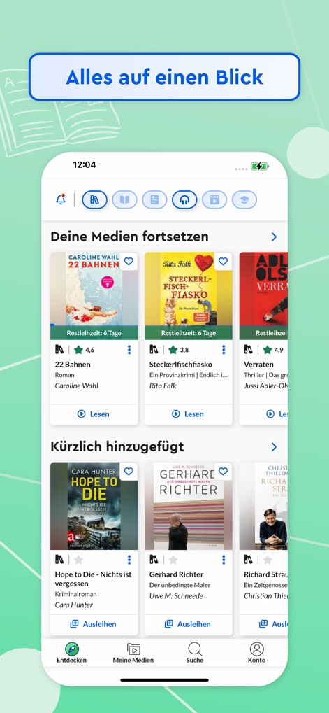 Onleihe 3 - La aplicación presenta una interfaz de inicio intuitiva con secciones destacadas como "Deine Medien fortsetzen" para un acceso rápido a títulos en progreso y una barra de navegación inferior simplificada que incluye "Entdecken" y "Meine Medien" para una gestión eficiente del contenido.