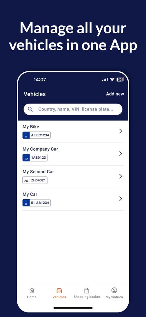 vintrica Mobility - The app provides a dedicated 'Vehicles' section where users can easily manage multiple registered vehicles and view their associated license plates.