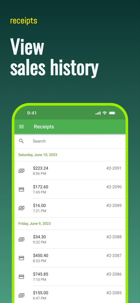 Loyverse POS - Point of Sale - Users can easily review past transactions through a detailed list of receipts, complete with dates, amounts, and unique receipt numbers for thorough sales analysis.