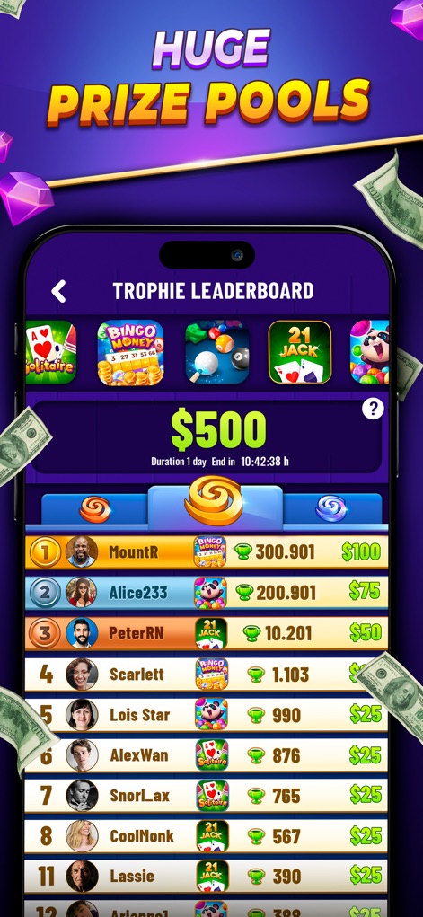 Backspin Games: Win Real Money - Users can view the competitive "Trophie Leaderboard" which displays player rankings and substantial prize pools, such as the visible "$500" reward.