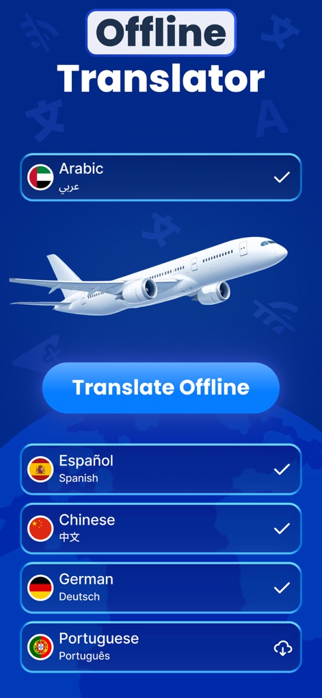Voice Translator AI Translate - Gli utenti possono accedere a traduzioni essenziali anche senza connessione, come indicato dal pulsante "Translate Offline" e dalla selezione di pacchetti linguistici scaricabili per diverse lingue.
