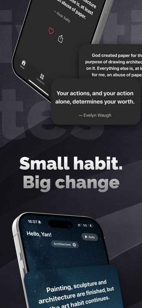 Quotty: Motivational quotes - ユーザーは自身の名前でパーソナライズされた挨拶を受け取り、多様な「引用カテゴリ」を選択して、その日に合ったインスピレーションを発見できます。