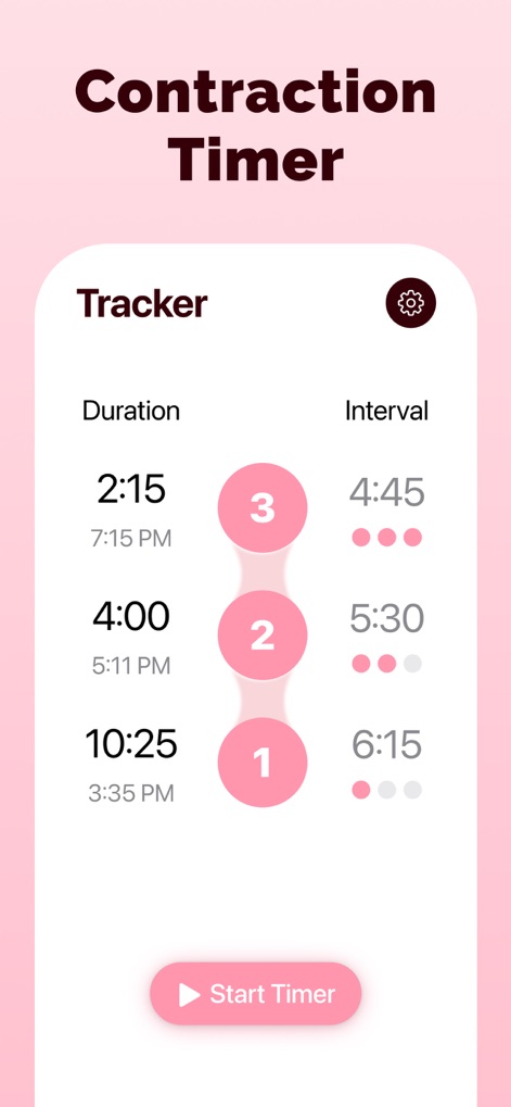 Contraction Timer ＆ Tracker - Esta interfaz proporciona un listado claro de la duración y los intervalos de las contracciones, como se ve en los registros numerados, y los círculos codificados por color facilitan la identificación visual de la intensidad.