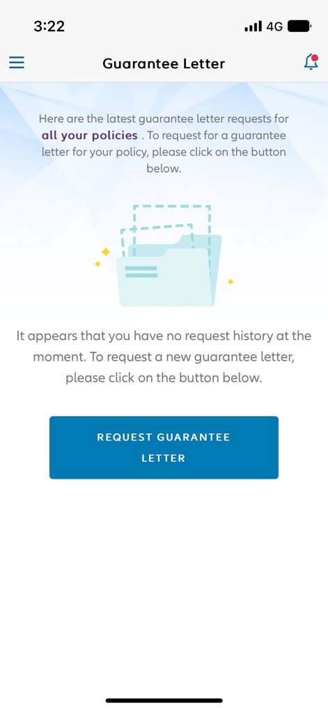 MyAllianz MY - Esta seção permite 'REQUEST GUARANTEE LETTER', com uma ilustração de pastas e texto indicando a ausência de histórico de solicitações.