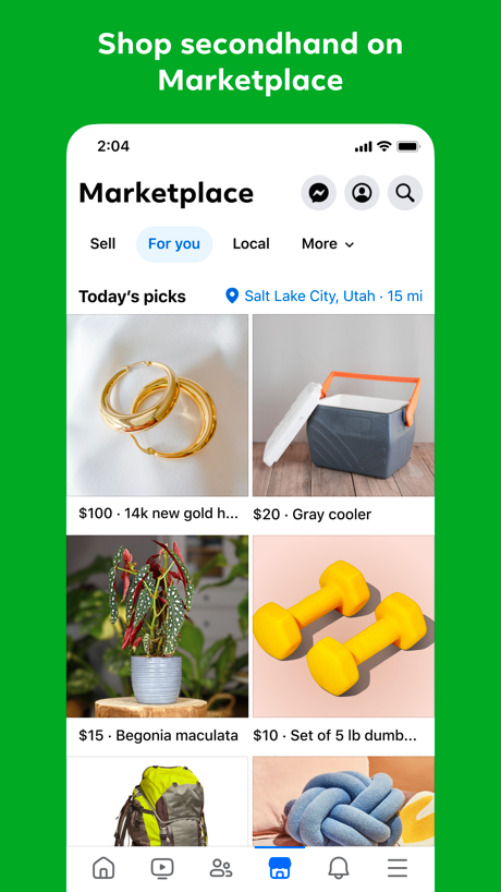 Facebook App Store screenshot 6, headline “Shop secondhand on Marketplace”. Green.