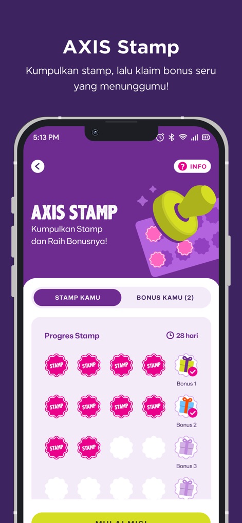 AXISNet - Los usuarios pueden acumular "AXIS Stamp" mediante misiones, visualizando su "Progres Stamp" y canjeándolos por "Bonus" en forma de regalos.