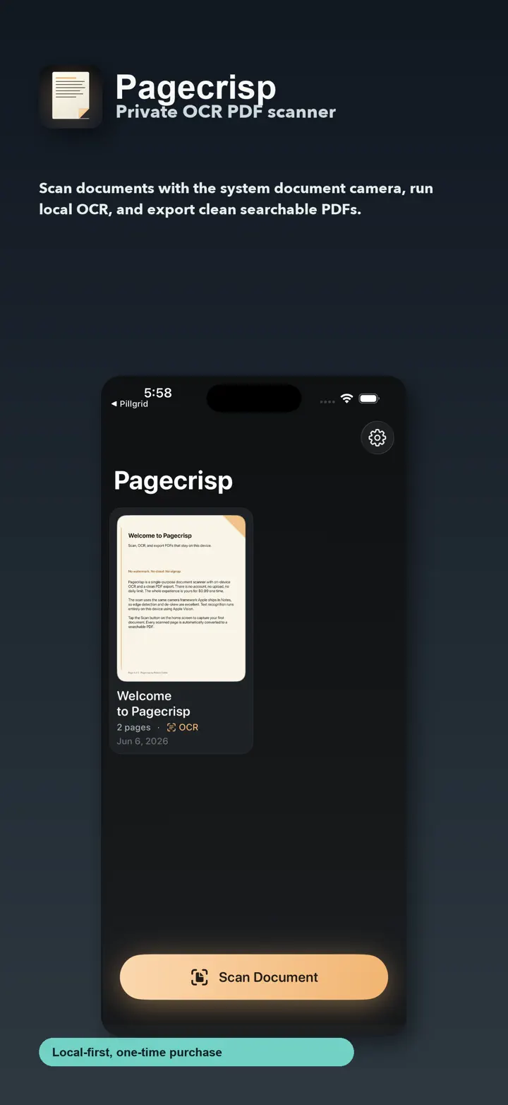 Pagecrisp iPhone 6.7" screenshot 1: Private OCR PDF scanner