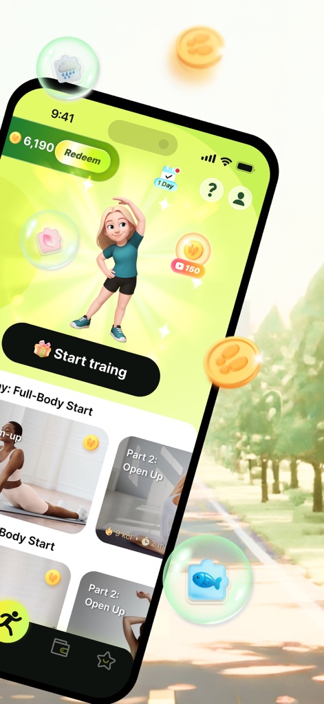 MarkRun - Users can begin their personalized training sessions from a vibrant home screen, complete with an animated avatar and interactive daily incentives.