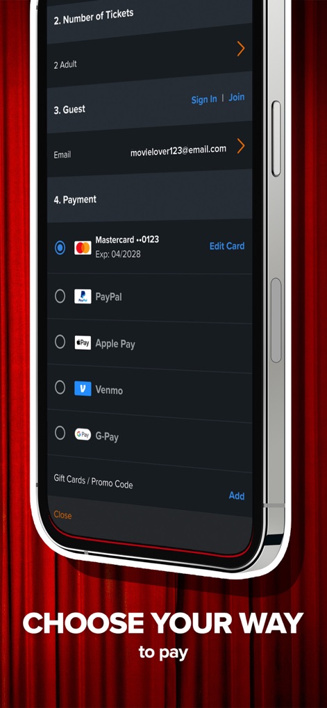 Fandango - Get Movie Tickets - Users can choose from a variety of secure payment methods, including major credit cards and digital wallets like PayPal.