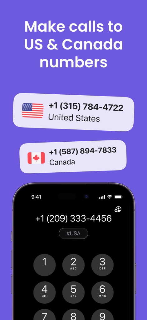 Second Phone Number: 2nd eSIM - 미국 및 캐나다 번호로 직접 전화를 걸 수 있는 기능을 명확하게 제시하며, 사용자는 직관적인 다이얼패드 인터페이스를 통해 쉽게 통화를 시작할 수 있습니다.
