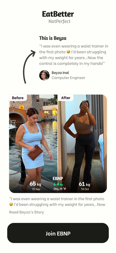 EatBetter: AI Food Journal - The app features authentic user testimonials and displays compelling before-and-after transformations, illustrating tangible progress.