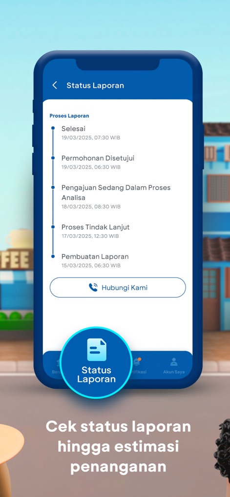 Halo BCA - Los usuarios pueden seguir el estado de sus solicitudes a través de una vista de línea de tiempo detallada para cada "Status Laporan" y utilizar el botón "Hubungi Kami" para consultas adicionales.