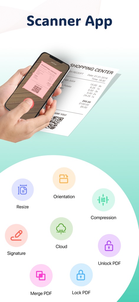 OKEN Scanner - PDF Scanner - Découvrez comment l'application numérise des documents comme des reçus avec une grande précision, et visualisez les options d'édition avancées telles que la 'Signature' et la 'Compression'.