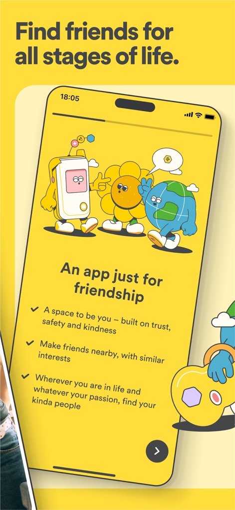 Bumble For Friends: Meet IRL - La aplicación presenta sus valores fundamentales a través de amigables ilustraciones de personajes y una lista clara de beneficios, como "un espacio para ser tú" y la facilidad para "hacer amigos cerca con intereses similares".