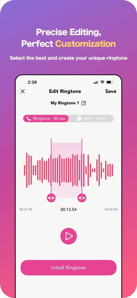 LittyTone:Ringtone & AI Voice - Die App bietet einen intuitiven Wellenform-Editor zur präzisen Anpassung der Start- und Endpunkte und ermöglicht es, den bearbeiteten Klingelton direkt zu installieren.
