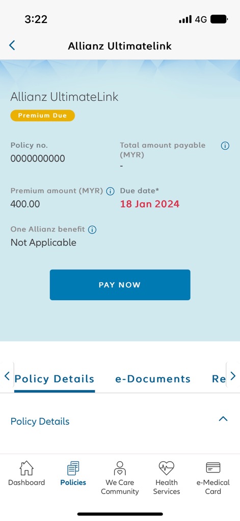 MyAllianz MY - Esta tela detalha a apólice 'Allianz UltimateLink', mostrando o 'Premium Due' com o valor e a 'Due date' claramente visíveis para o pagamento.