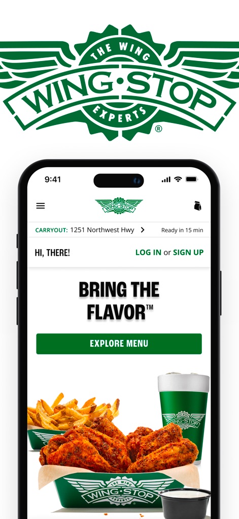 Wingstop - Die App begrüßt Nutzer mit einer einladenden Startseite, die sofort den "Explore Menu"-Button für den schnellen Zugriff und verlockende Bilder von Hähnchenflügeln und Beilagen präsentiert.