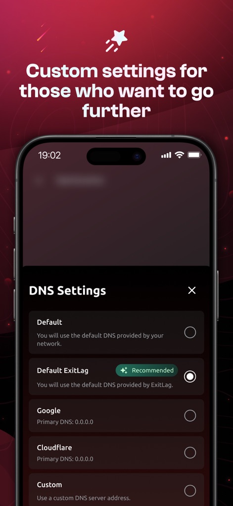 ExitLag: Lower your Ping - This screen presents a range of 'DNS Settings' options, including 'Default ExitLag' and 'Custom' inputs, for fine-tuned connection control.