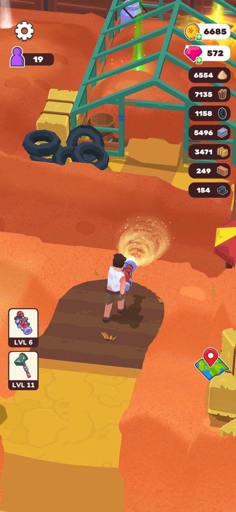 Wasteland Life: Survival Idle - Esta captura revela al protagonista limpiando el paisaje desértico con una aspiradora de aspecto futurista, con una interfaz clara de recursos en la parte derecha de la pantalla.