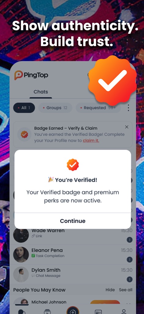 PingTop - L'application renforce la confiance avec le processus d'obtention du badge Vérifié, débloquant des avantages premium et des fonctionnalités exclusives pour les utilisateurs authentifiés.