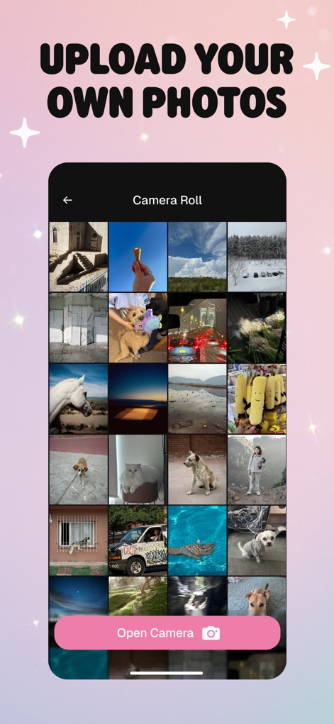 Moshicam Photo Editor & Frames - O aplicativo permite importar facilmente imagens da galeria do dispositivo, apresentando uma visualização em grade e a opção de acessar diretamente a câmera para novas capturas.
