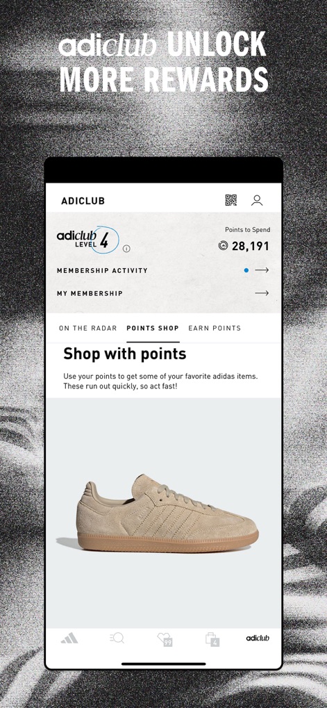 adidas: Shop Shoes & Clothing - The adiClub loyalty program allows users to track their membership level and accumulated points, enabling them to easily redeem rewards through the dedicated 'Shop with points' feature.