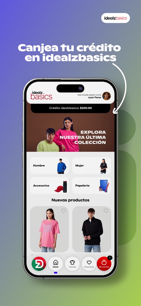 Idealz | Mexico - La plataforma idealzbasics muestra el saldo de crédito del usuario, por ejemplo, "$200.00", y permite explorar productos categorizados como "Hombre" y "Mujer".