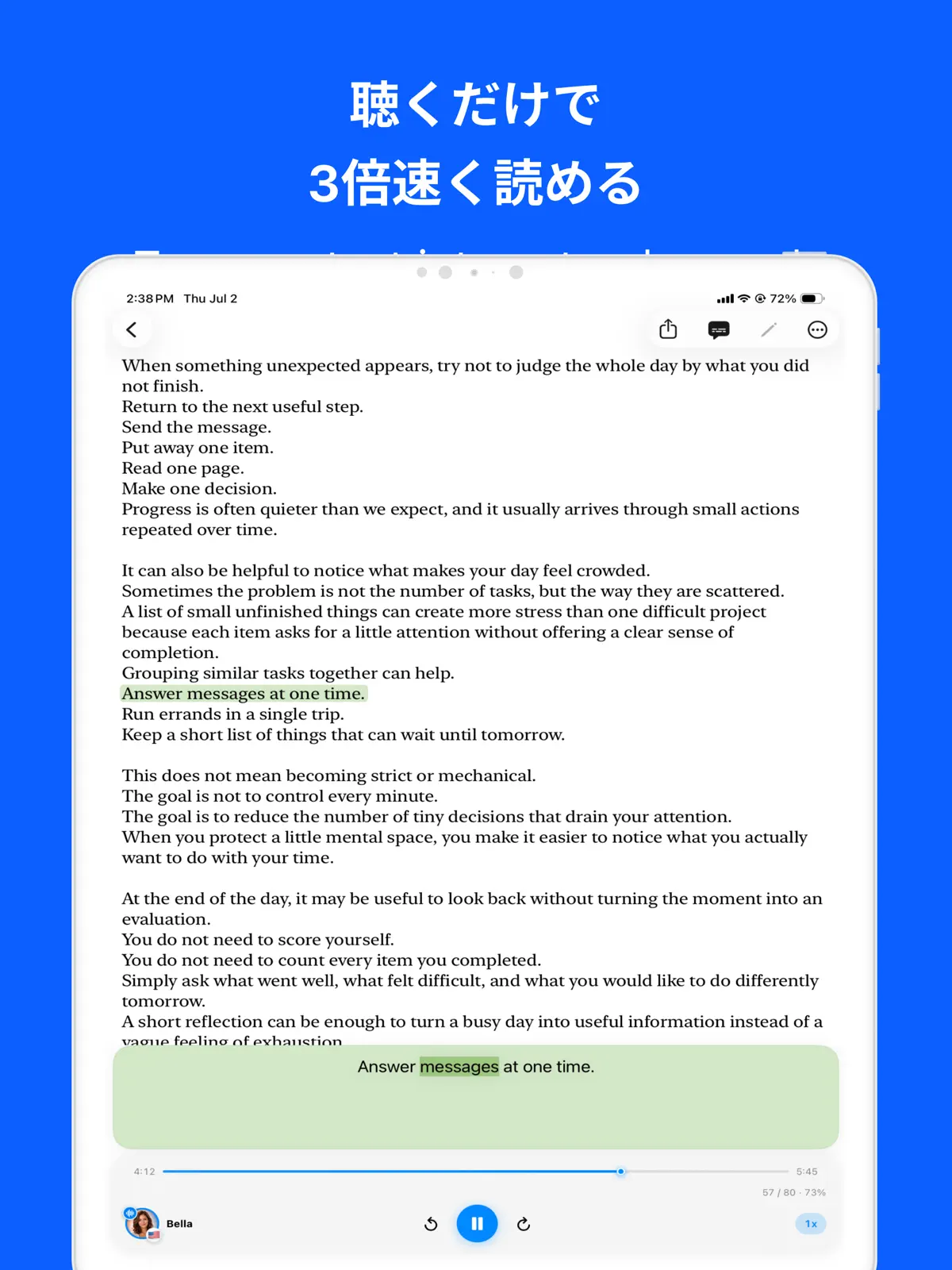 Local TTS - 音声読み上げアプリ・朗読・小説のメモを単語ハイライト付きで読み上げる画面を表示したApp Storeスクリーンショット — iPad (1/4)