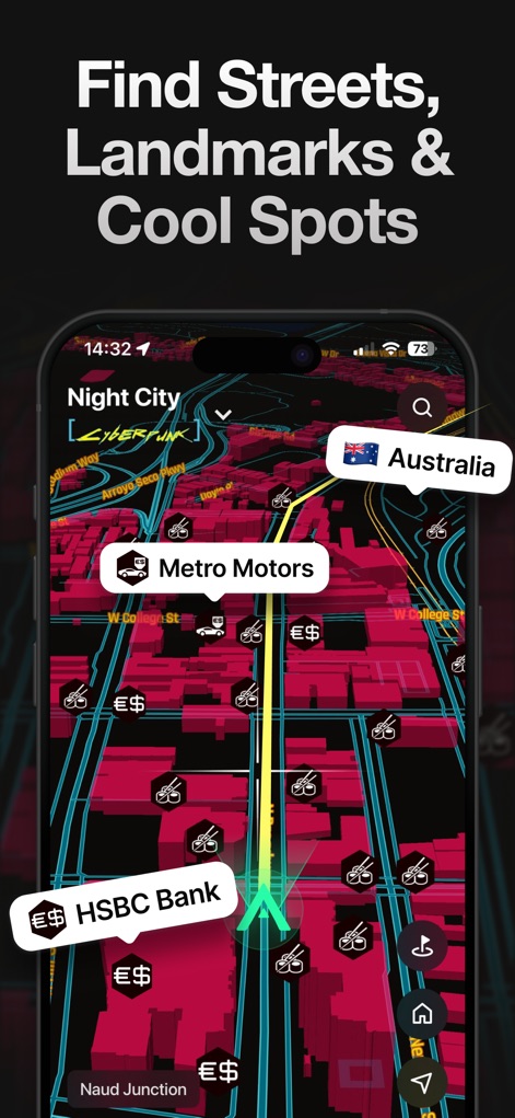 Game Maps IRL - Users can discover points of interest with a striking cyberpunk-inspired map aesthetic, effortlessly locating landmarks such as 'Metro Motors' and 'HSBC Bank' within 'Night City'.