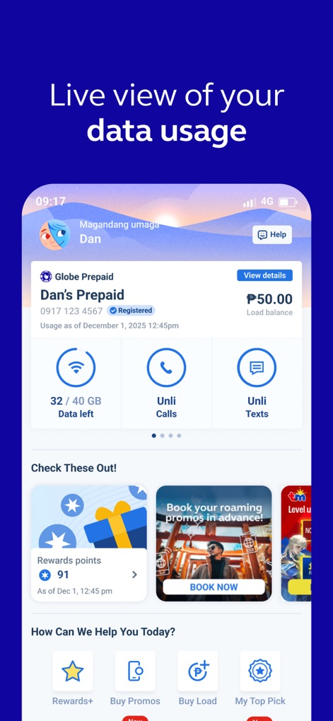 GlobeOne: Get More from Globe - Cet outil offre un tableau de bord clair pour le suivi de l'utilisation des données ("32 / 40 GB Data left") et la gestion des points de récompense, affichés avec leur solde actuel sur l'écran d'accueil.