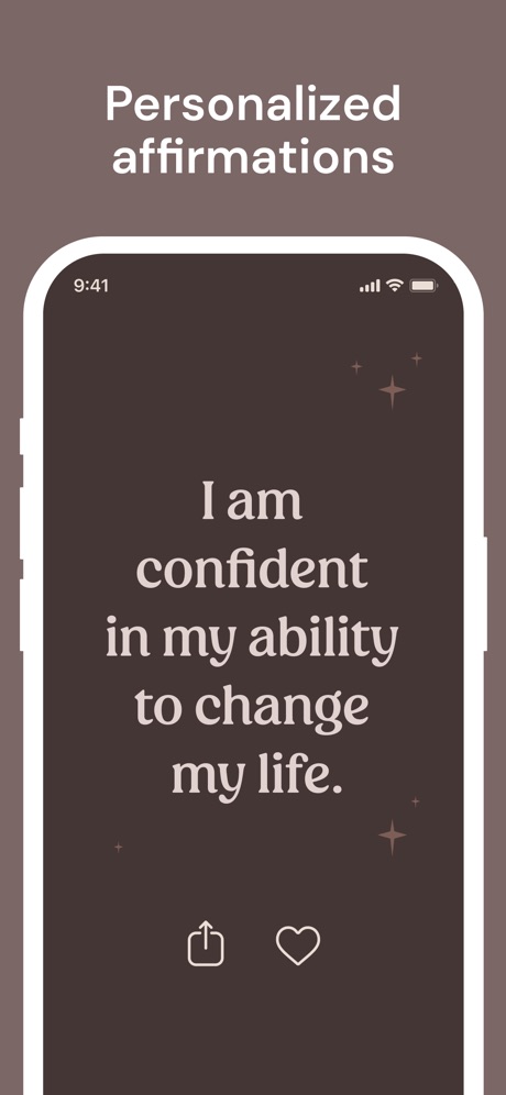 I am - Daily Affirmations App Store screenshot 2, headline “Personalized affirmations”. Says “I” or “my”.