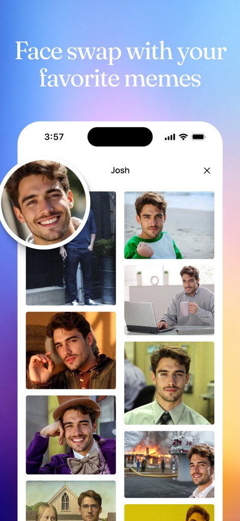Ideogram AI - Image Generator - Observe the app's impressive face swap capabilities, allowing users to insert a consistent character into diverse scenarios and meme-style images.