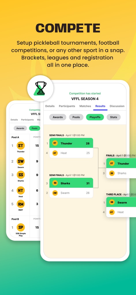 Reclub - Social Sports Nearby - Users can manage and track competitions with ease, viewing detailed team rankings in 'Pools' and visualizing progression through clear 'Playoffs' brackets.