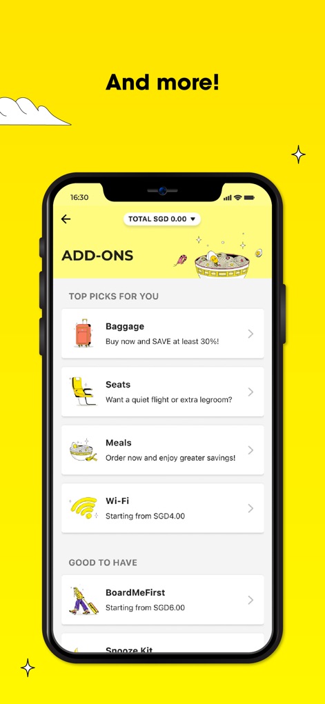 Scoot Mobile - The app provides a comprehensive selection of travel add-ons, neatly categorized into "TOP PICKS FOR YOU" and "GOOD TO HAVE", featuring options like "Baggage" and "Wi-Fi".