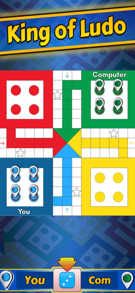 Ludo King - This view showcases the traditional 4-player Ludo board layout, where users can strategize against opponents clearly identified as 'You' and 'Computer'.