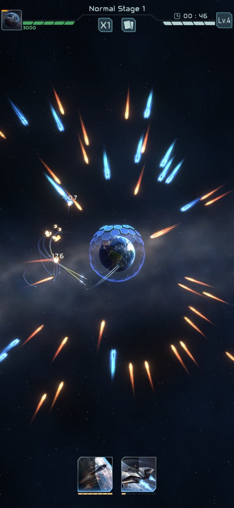 Planet Defense: Space TD game - Witness the intense core gameplay as alien projectiles bombard the shielded home planet, showcasing the critical defense mechanics.