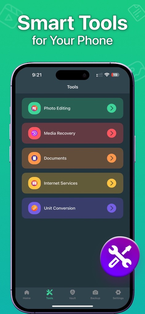 Photo Recovery: Restore Pics - A seção "Tools" do aplicativo inclui funcionalidades úteis como "Photo Editing" e "Media Recovery", ampliando a utilidade da plataforma além da recuperação principal.