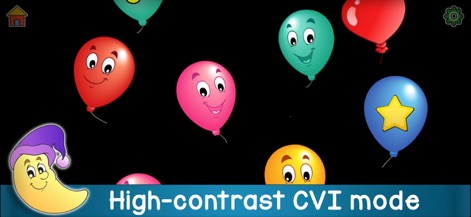 Kids Balloon Pop Language Game - The app offers a dedicated high-contrast CVI mode, presenting vibrant balloons against a stark black background to significantly aid users with visual impairments.