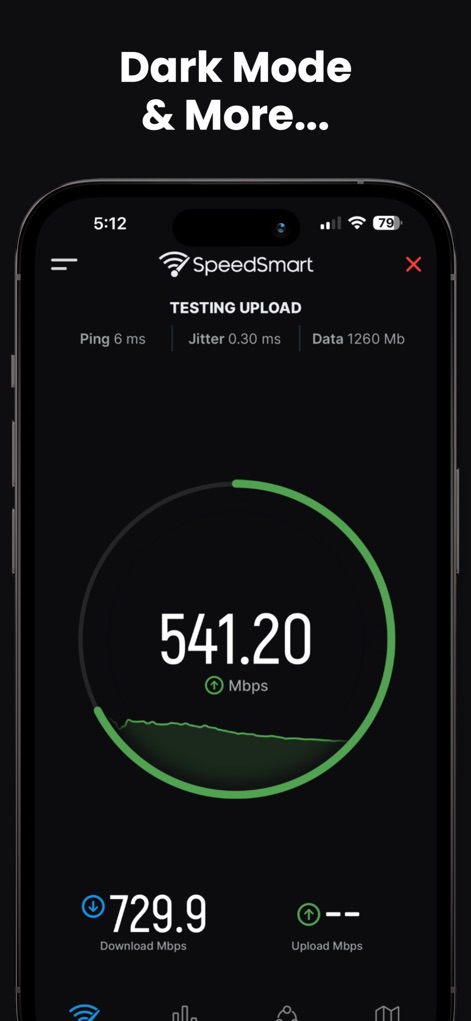 Speed Test SpeedSmart Internet - Experience comfortable viewing in various lighting conditions with the app's dark mode, showcasing an upload speed test and real-time Ping and Jitter data.
