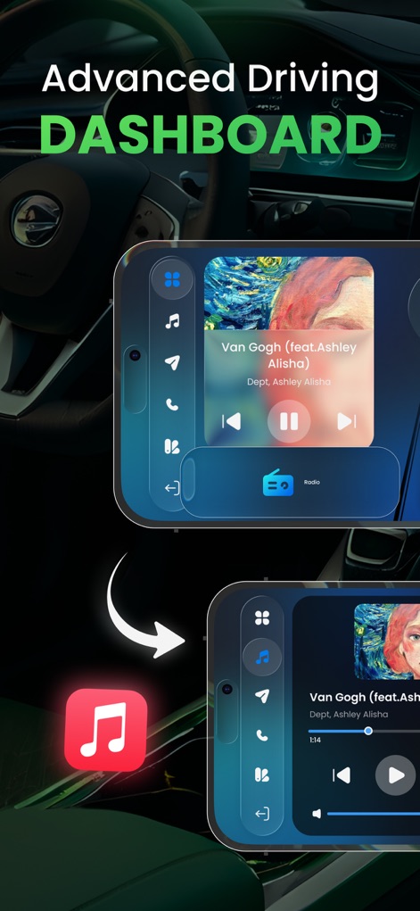 Car.Play Connect: Smart Sync - This tool presents a customizable in-car dashboard with integrated music controls and essential app shortcuts for an enhanced driving experience.