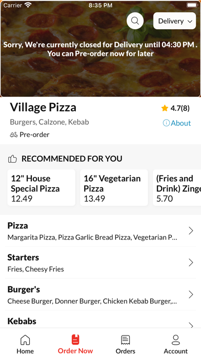 Village Pizza Walsall. Screenshot