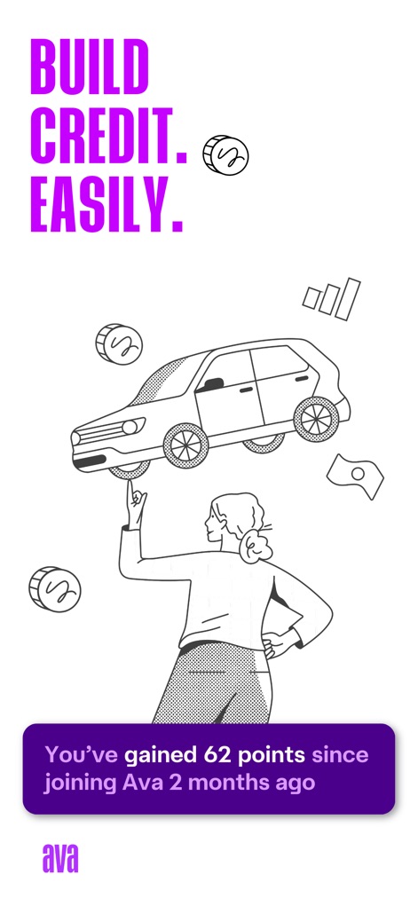 Ava: Build Credit Fast - See how the app highlights significant credit score improvements, such as the user gaining "62 points," and simplifies complex financial concepts with an engaging illustration of a person balancing a car.
