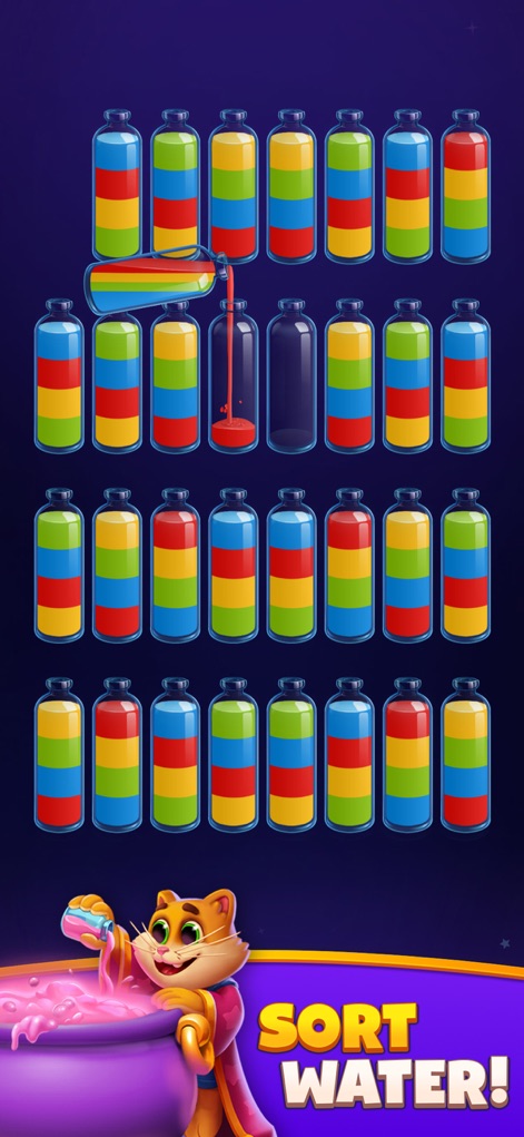 Magic Sort! - Observe the dynamic pouring animation between color-filled bottles and the charming cat character guiding users through the sorting process.