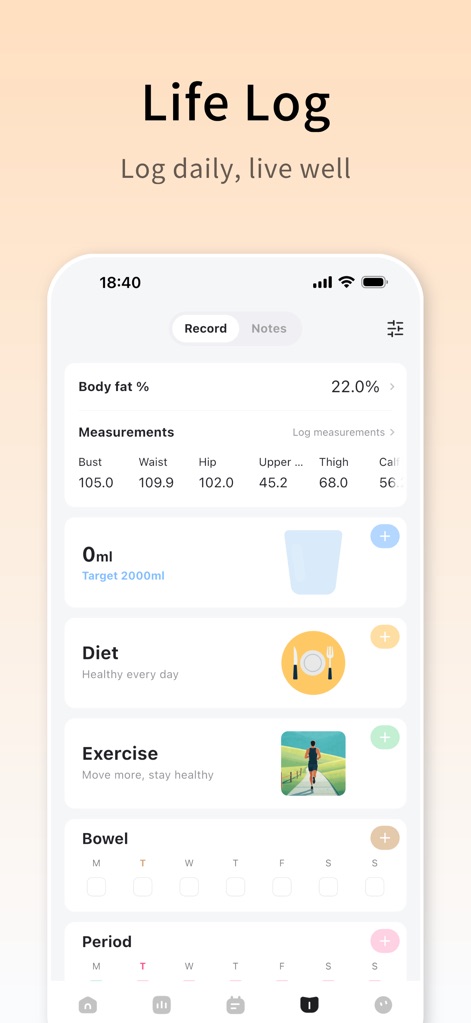 WeightDiary - Track better you - A interface de registo diário oferece campos para gordura corporal e medidas corporais, além de opções para monitorar a ingestão de água e a dieta.