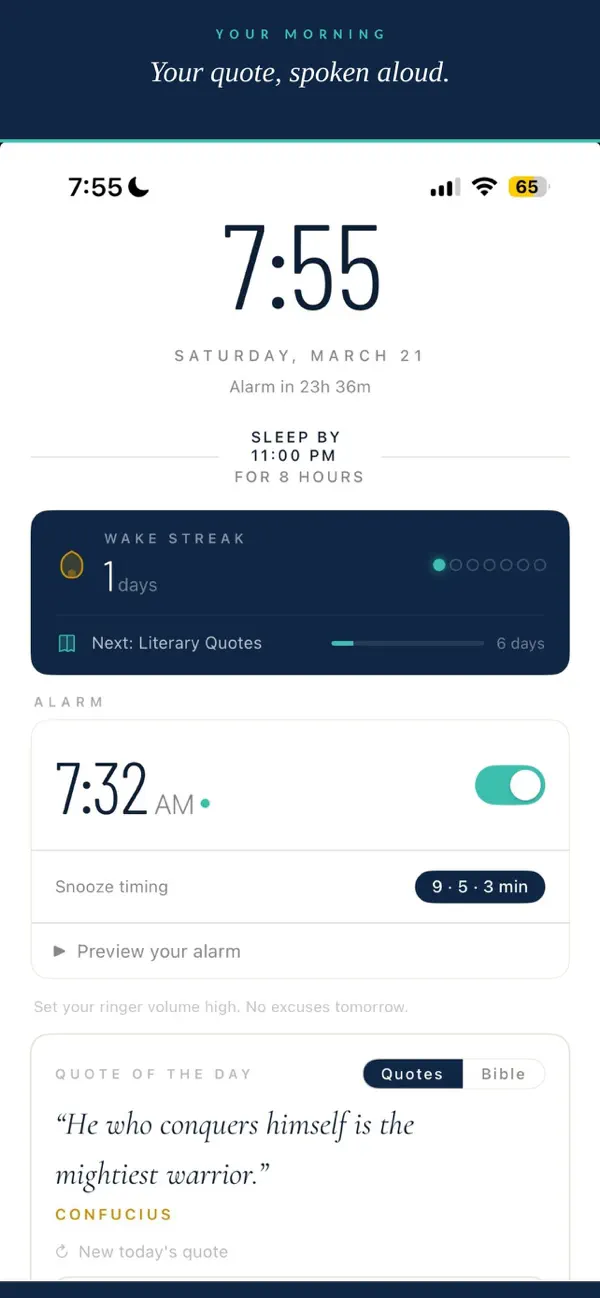 Screenshot #1 pour Arise: Motivational Alarm