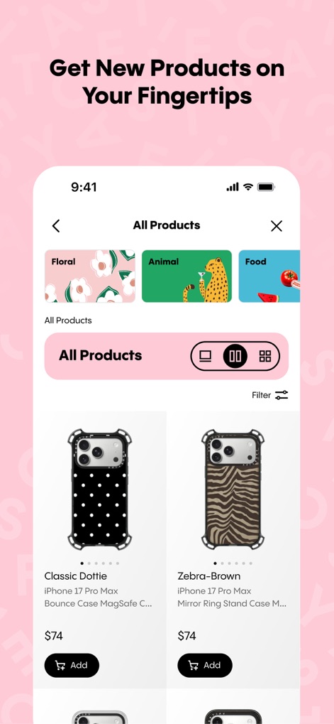 CASETiFY - Sfoglia un catalogo prodotti completo, con filtri per categorie come 'Floral', 'Animal' e 'Food', e visualizza articoli come le custodie 'Classic Dottie' e 'Zebra-Brown', rendendo la ricerca intuitiva.