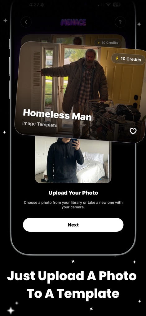 Menace: AI Photo Video Editor - Observe the straightforward process of applying an image template, where users select a style like 'Homeless Man' and then easily upload their own photo for AI generation.