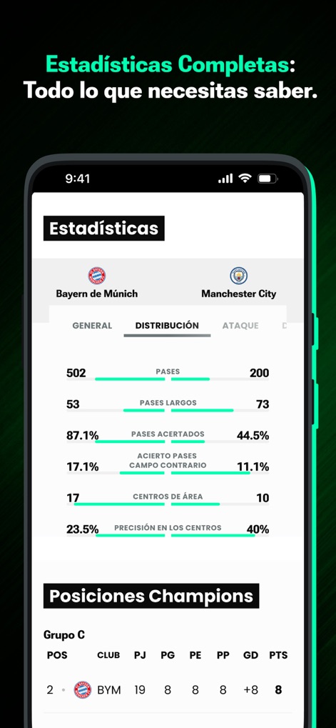 TUDN: TU Deportes Network - The app provides comprehensive match statistics, displaying detailed distribution metrics and current league standings for informed analysis.