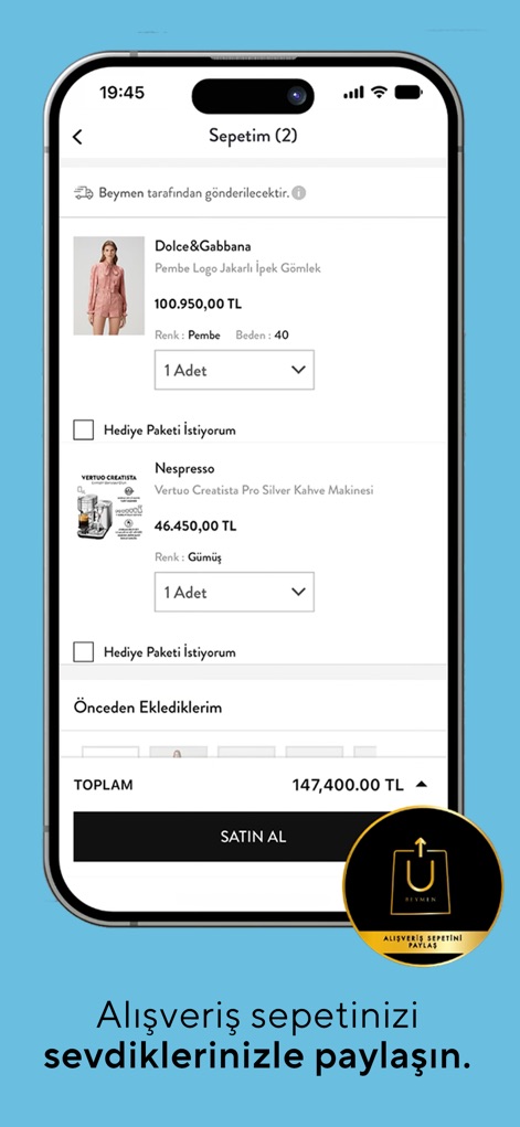 Beymen - Los usuarios gestionan su selección de artículos de lujo como prendas y electrodomésticos, y la aplicación ofrece la útil opción para compartir el carrito con contactos.