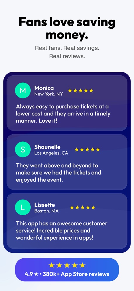 TickPick: No Fee Tickets App Store screenshot 4, headline “Fans love saving money.”. User or download count.